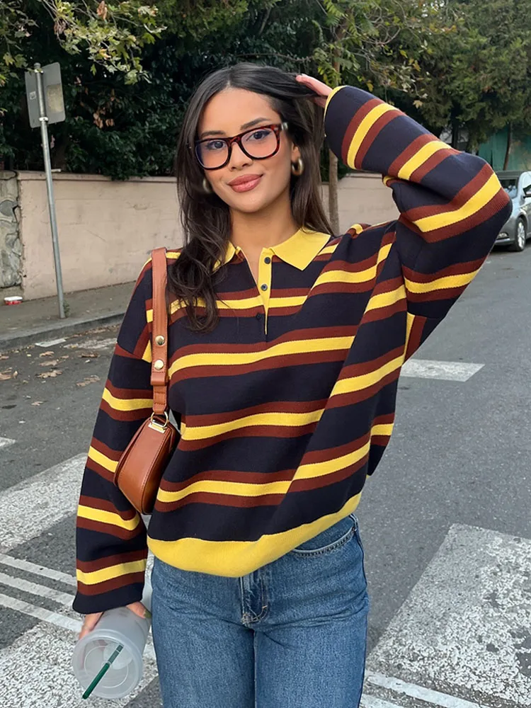 

HH Female New Stripes Long Sleeves Button Decoration Polo Collar Pullover Knitted Sweater Woman's Slim Fit Leisure Tops