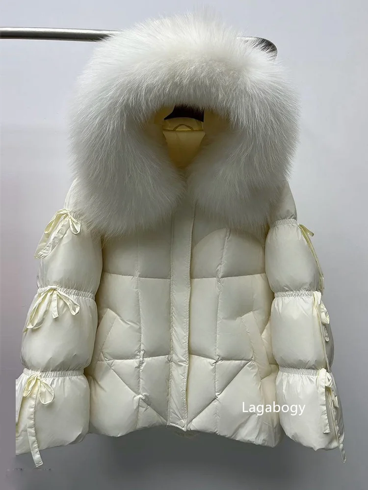 Lagabogy 2026 Big Natural Fox Fur Puffer Jacket New Winter Clothes Women Thick Warm White Duck Down Coat Female Real Fur Parker
