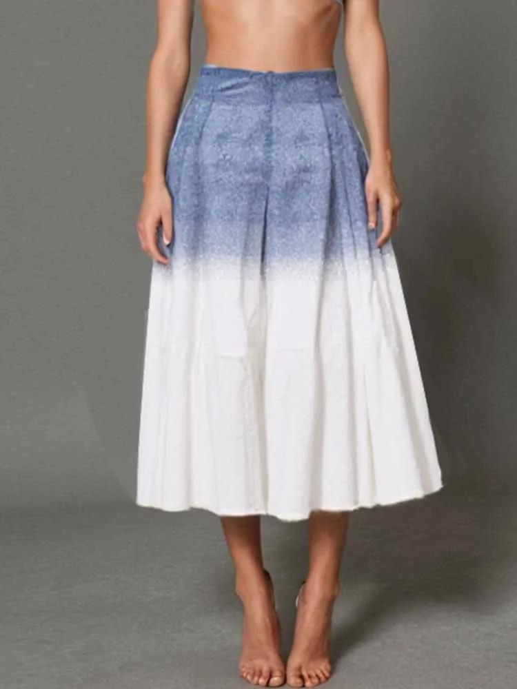 

Женские юбки с градиентом BKQU, летняя мода 2024, трапециевидной формы с высокой талией, сине-белая, контрастного цвета, миди, элегантная длинная юбка для вечеринок, новинка