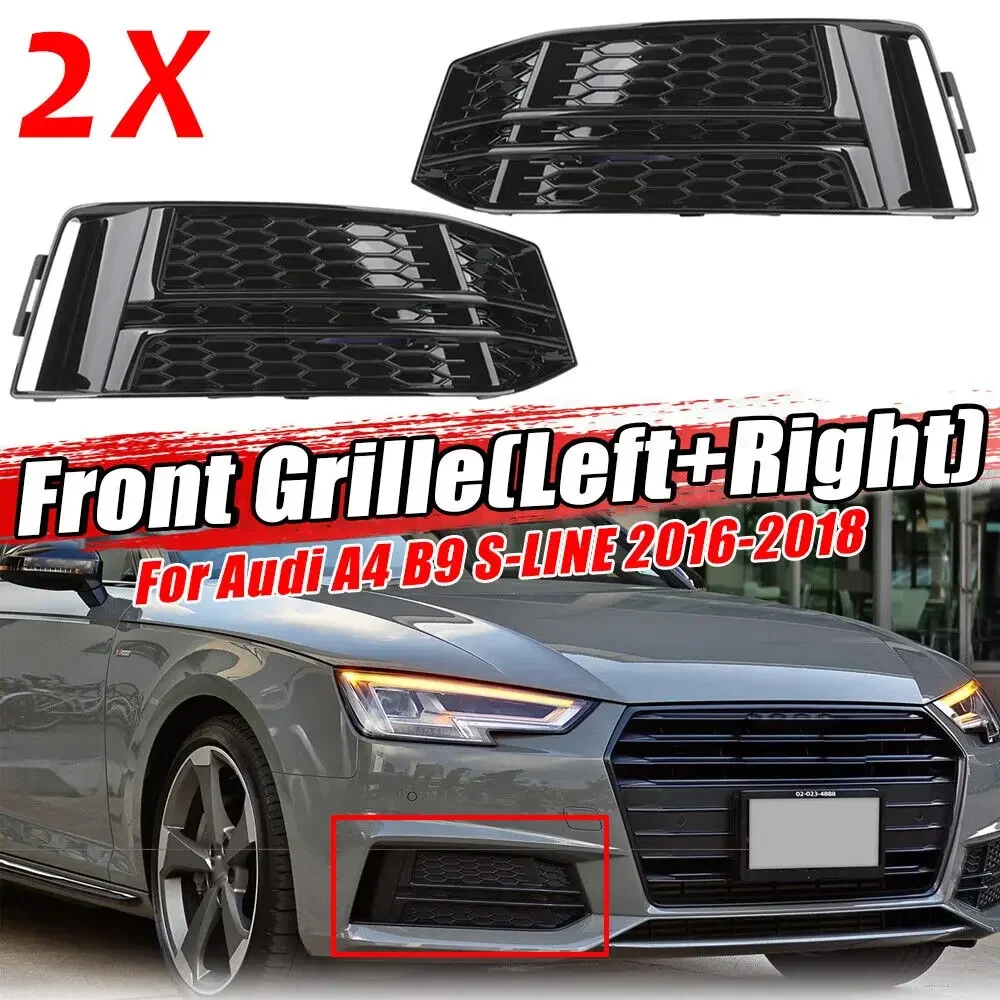 Pair Car Gloss Black Honeycomb Front Bumper Fog Light Grille Lower Grill Bezel Cover For Audi A4 B9 S-LINE 2016 2017 2018