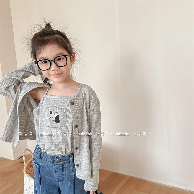 

Girl Top Set 2024 Korean Autumn and Spring Girls Autumn and Korean Style Set Two-piece Girls Cardigan and Halter Top Clothes