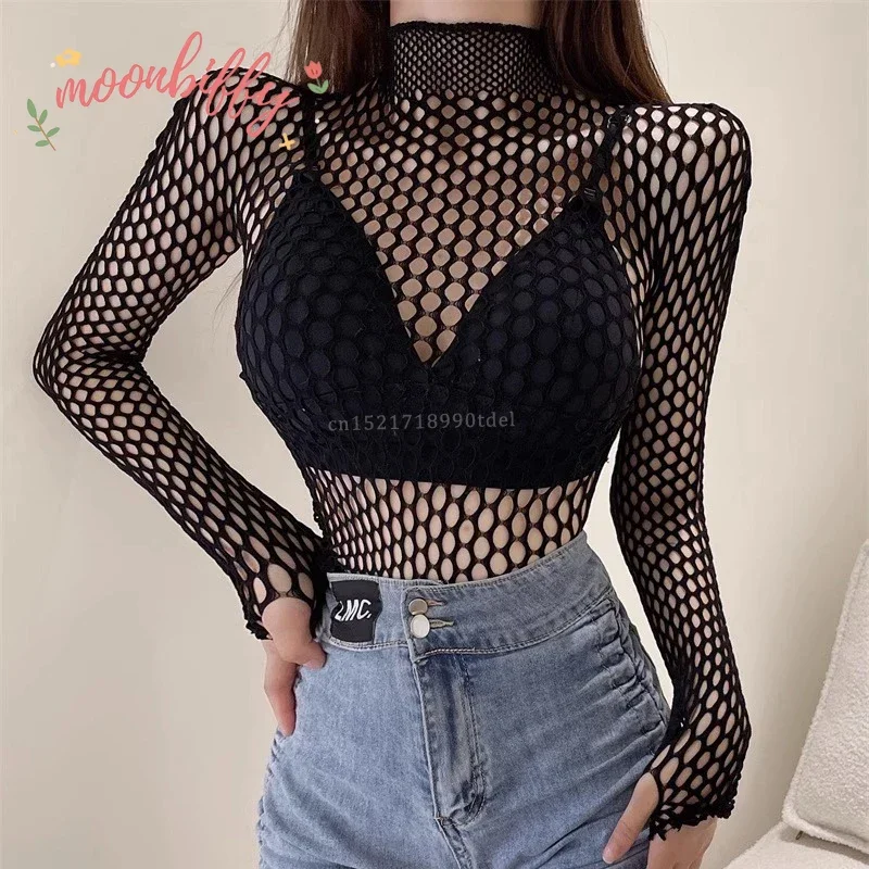 

Sexy T-shirt for Women Goth Black Skinny Mesh See Through Long Sleeve Tees Pullover Crop Top Gothic Turtleneck Streetwear