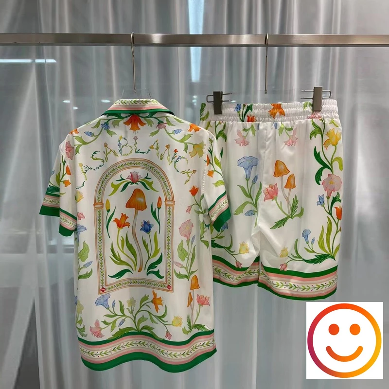 

Colorful Letter Logo CASABLANCA Multi Floral Print Mesh Shorts Set Thin Silk Men Women High Quality Hawaii Beach Short Suit