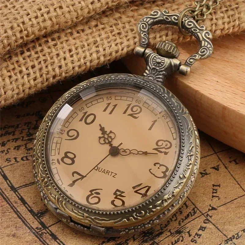 

Vintage Quartz Pocket Watch Transparent Cover Arabic Numbers Display with Necklace Chain Collectable Timepiece