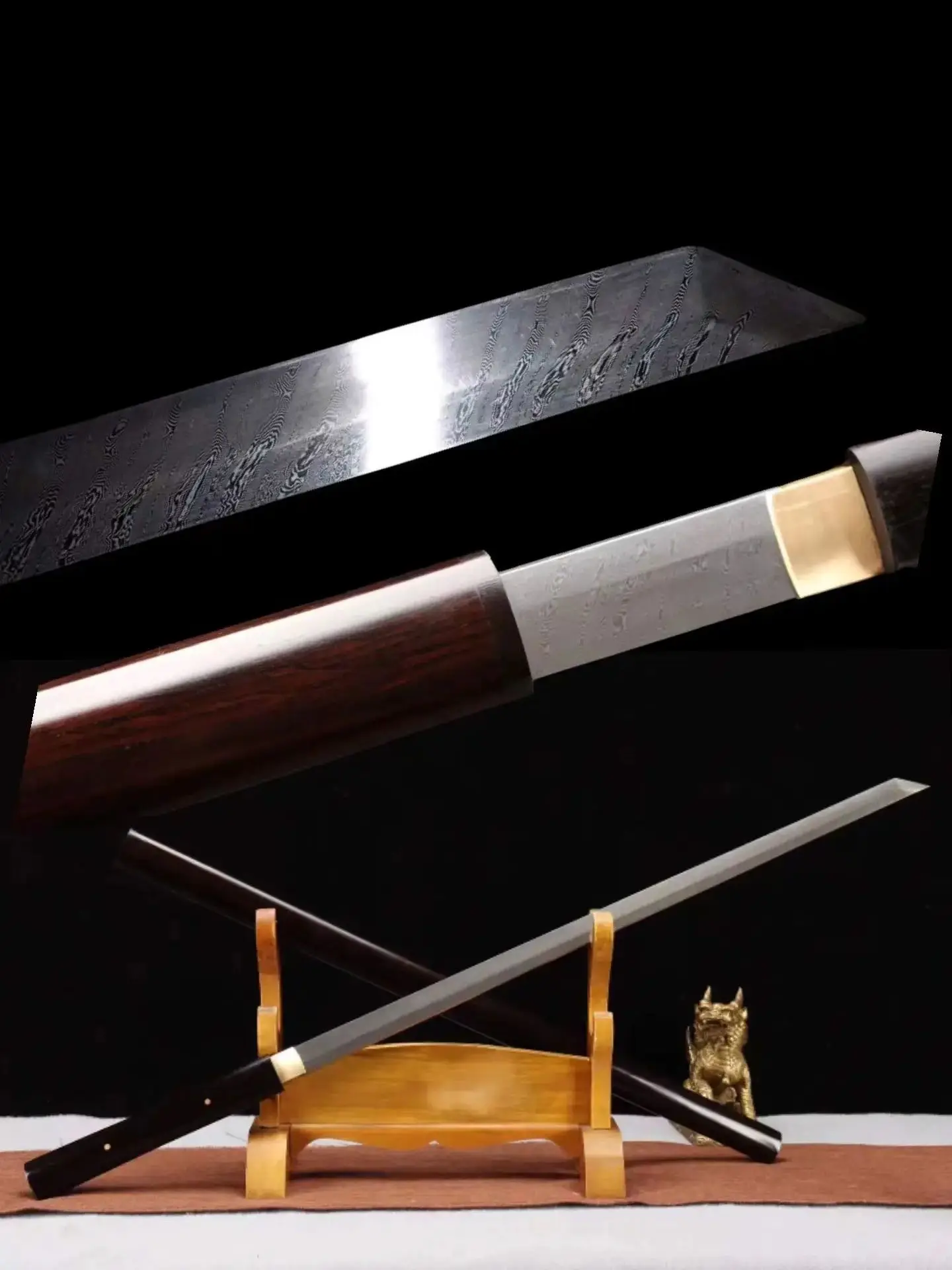 Chinese Tang Battle Sword, Real Handmade Multi Refined Folded Twisted Patterned Steel Blade, Integrated Handforged, Unsharpened