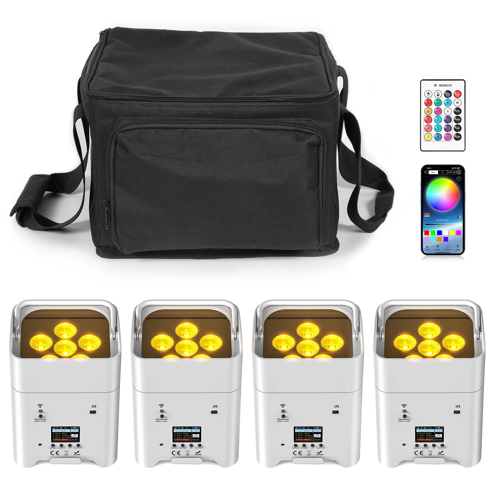 U'King 4 Stück 6x18W RGBWA+UV 6-in-1 LED Par-Scheinwerfer mit Tasche, Eingebauter Akku, DMX512 Fernbedienung, Bühnenlicht für DJ-Partys und Konzerte
