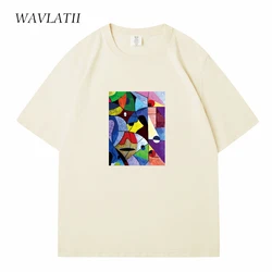 WAVLATII New Women Casual Cotton T shirts Female Colorful Abstract Printed Tees Lady Beige Streetwear Tops for Summer WT2320