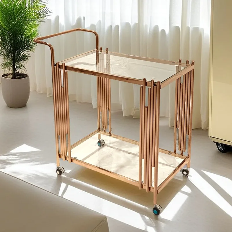 Light Luxury Stainless Steel Dining Cart Hotel Service Food Delivery Wine Cart Metal Tempered Glass Double Layer Mobile Cart