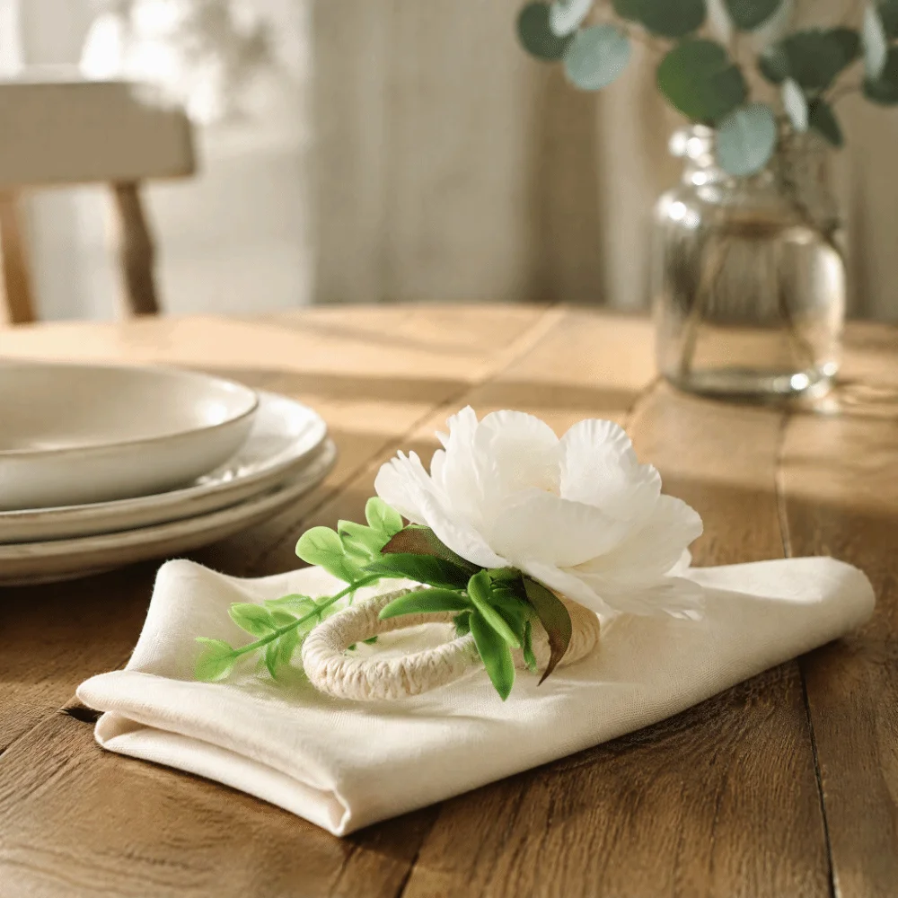Natural 3.54×3.35in Table Napkin Holders White Flower Hemp Rope Woven Napkin Rings Woven Jute Rope Rope Napkin Rings Home Decor