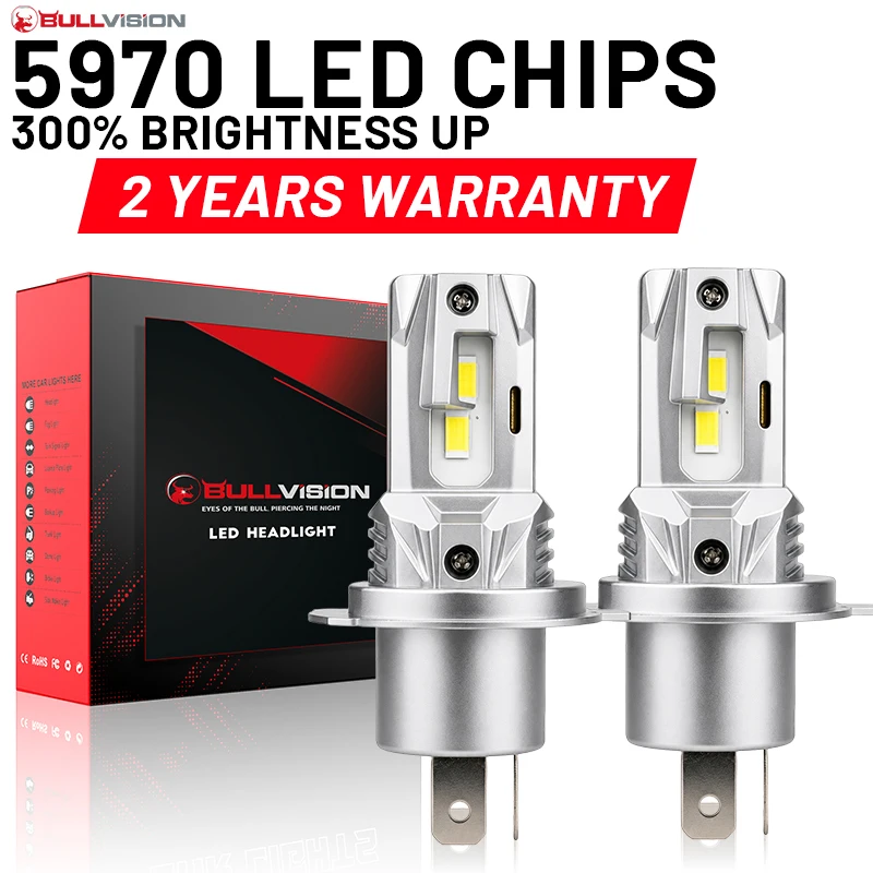 BULLVISION 2PCS H4 LED Headlight CANBUS 5970 CSP Core Car Motorcycle Lamp 9003 HB2 H4 Led High Low Beam 1:1 Wireless 12V 24V