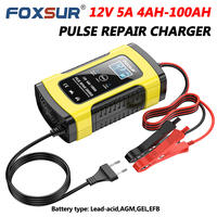 FOXSUR 12V 5A Full Automatic Pulse Repair Charger Car Battery Charger Smart Fast Power for AGM GEL EFB Lead-Acid LCD Display