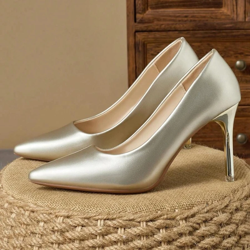 

Женские туфли-лодочки на высоком каблуке 9 см на тонком каблуке, элегантные туфли на шпильке с острым носком, однотонная модная обувь для вечеринок, размер 36-44