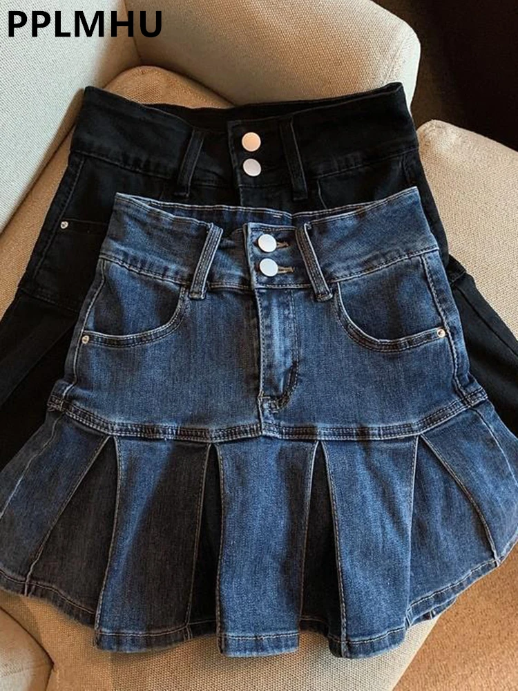 Y2k Streetwear Sexy Mini Denim Pleated Skirt Women's High Waist Vintage Blue Preppy Style Uniforms Safety Short Jean Skirts New