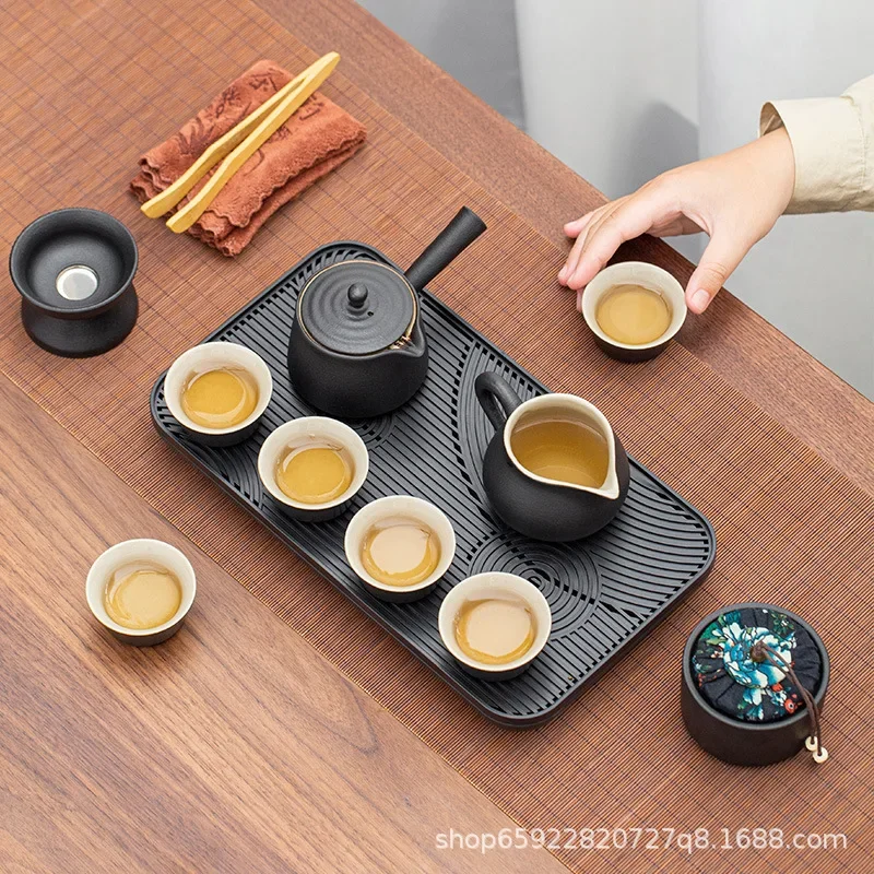 Complete set of tea set with high-end leather box, tea tray, star rated hotel outdoor camping, homestay, guest room tea set