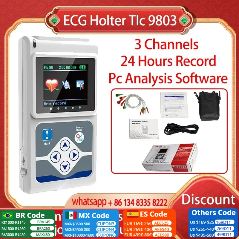 Echte Contec Tlc 9803 3 Kanalen Ecg Holter, Ekg Holter, Dynamisch Ecg Monitorsysteem, 24 Uur Ecg