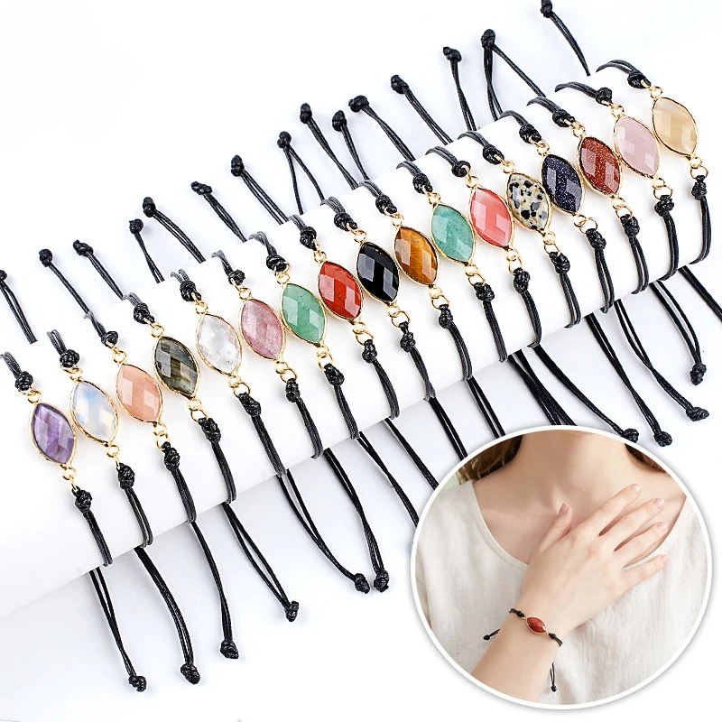 Hand‑Braided Adjustable Cord Bracelet Marquise Faceted Natural Semi‑Precious Stone Gold Bezel Wrist Rope Fashion Hand Jewelry