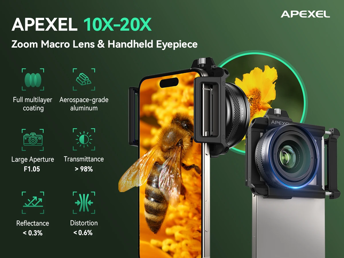 

Комплект зум-макрообъективов APEXEL 2-в-1 с противоскользящим телескопическим зажимом