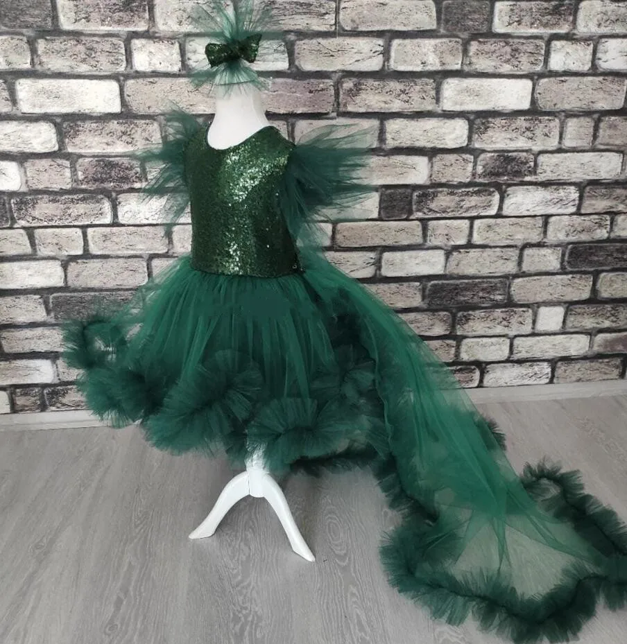 

Lovely Green Baby Girl Dress Green Sequin Toddler Dress Baptism Dress Toddler Birthday Dress Puff Skirt Long Detachable Train