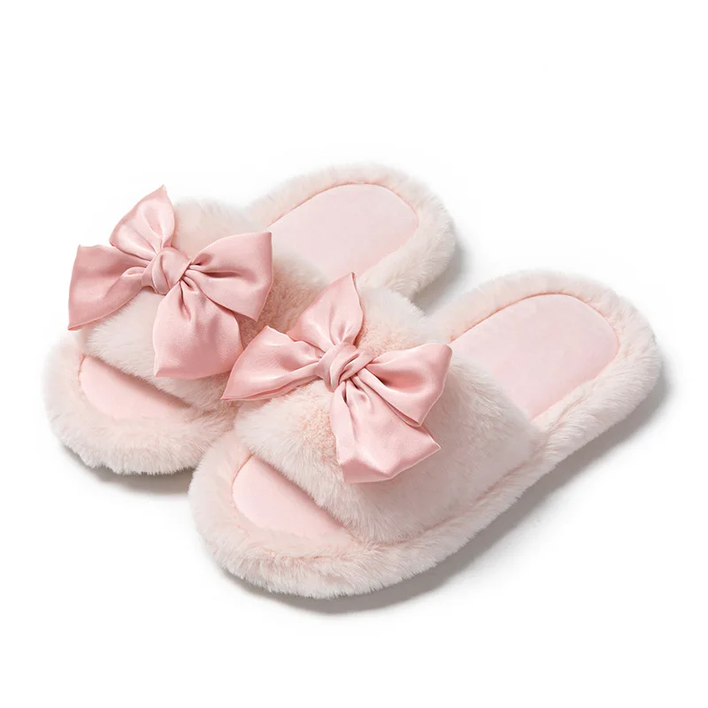 Ribbon Bow Women Home Slippers 2024 Autumn Winter Plush Solid Female Flat Slippers Soft Sole Non Slip Floor Lady Indoor Shoes