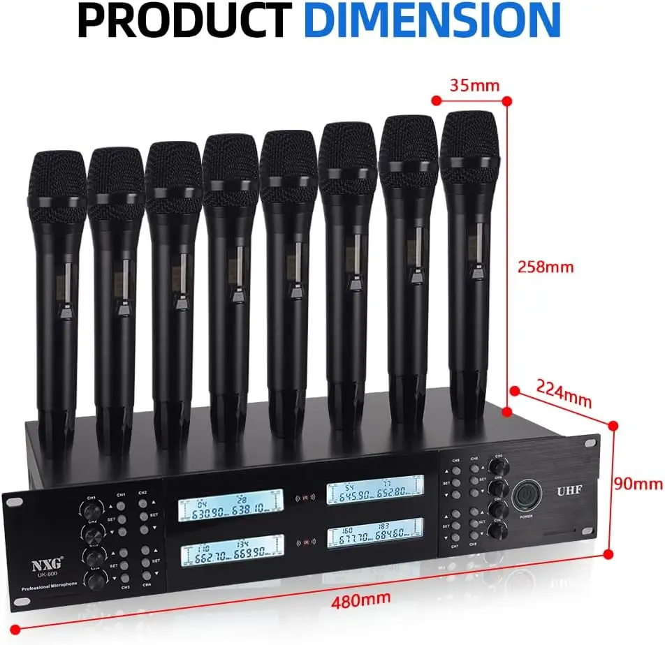 8-Channel UHF Wireless Microphone System 8 Handheld Mics Long Distance 150-200ft Fixed Frequency 16 Hours Use