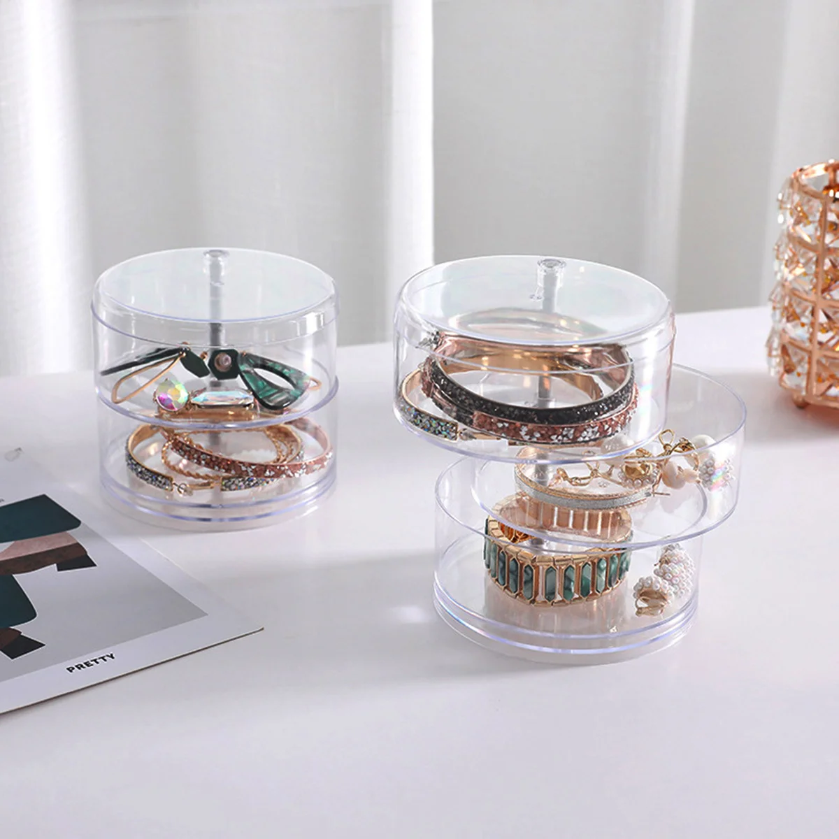 

1Pcs Rotatable Jewelry Case 3 Layers Transparent Desktop Storage Box Dust-Proof Organizer 360 Degree Rotation Multi-Purpose
