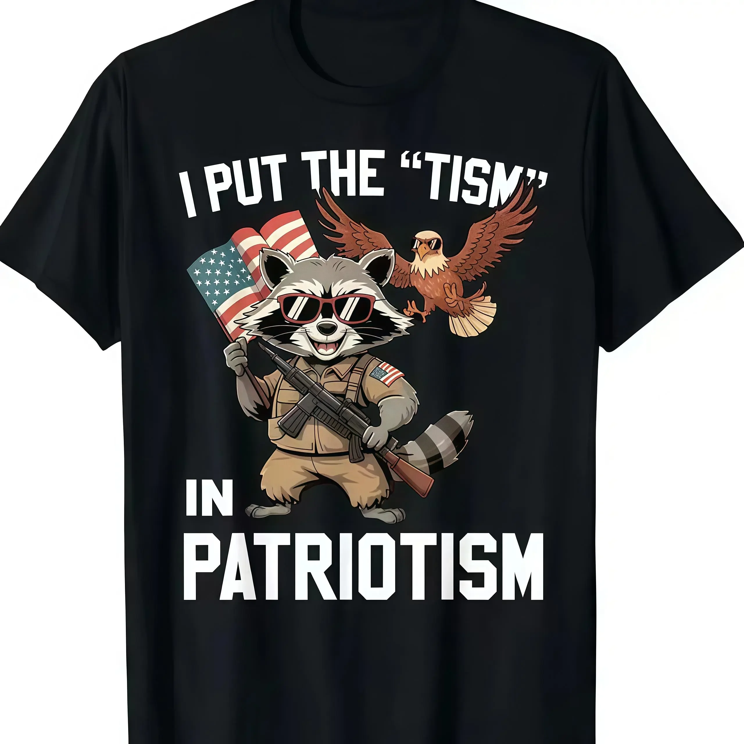Funny Raccoon Patriotism Graphic T-Shirt 'I Put the Tism in Patriotism' Retro USA Streetwear Tee for Men & Women, Fourth of July BBQ Outfit, Viral Meme Shirt Graphic Tees Cotton Crewneck Menswear Top Womenswear Streetwear Tshirt Casual Breathable Print