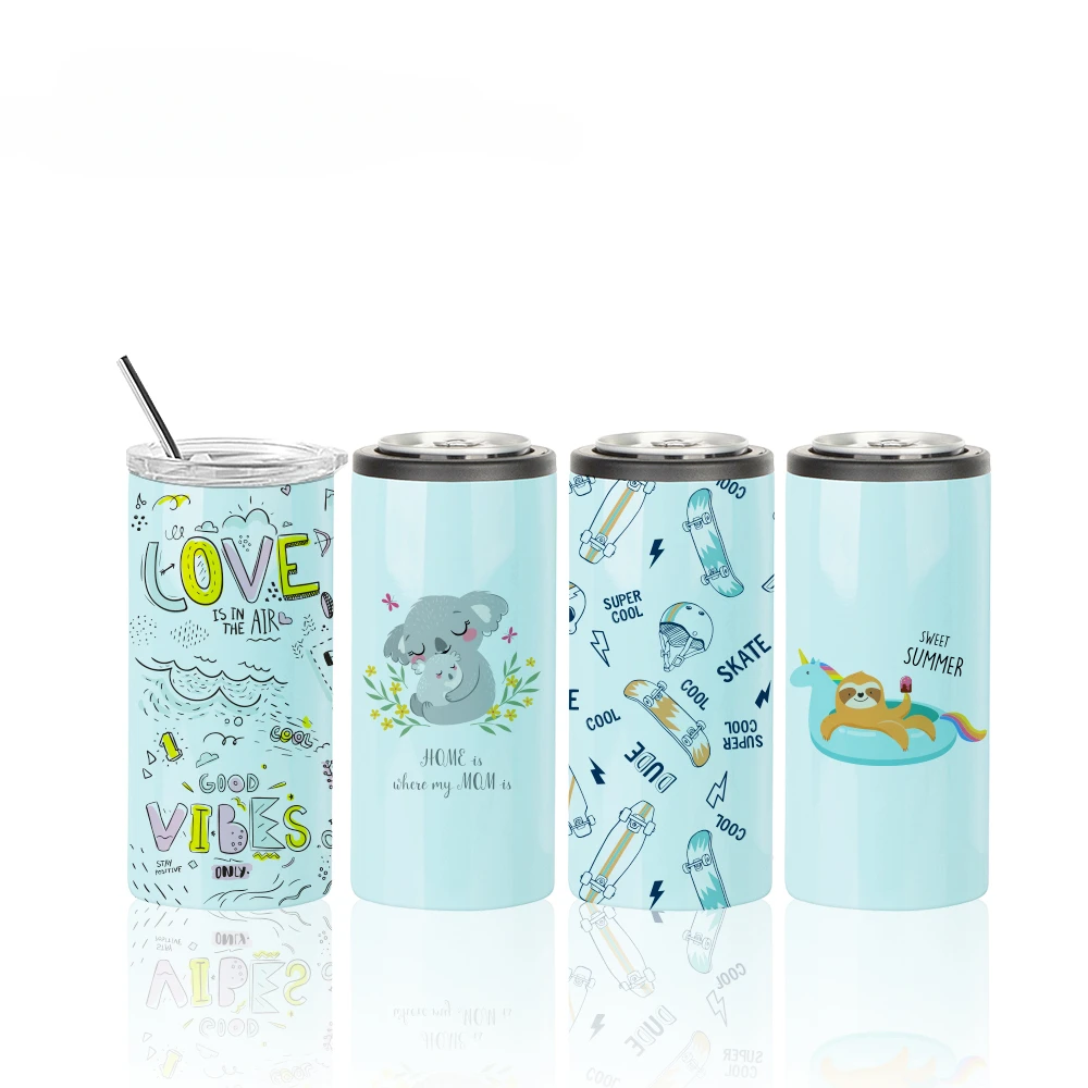 New Product 12 oz 350 ml 2 in 1 Stainless Steel Colors Skinny Straight Sublimation Tumbler can Cooler with Straw