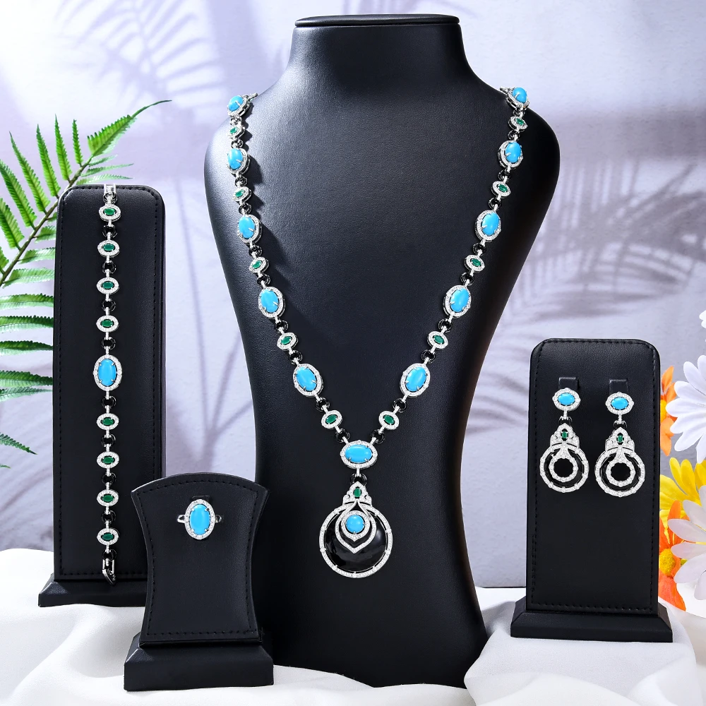 

Missvikki New Turquoise Black Dubai Bridal Jewelry Set For Women Wedding Party Nigerian African Necklace Earring Set