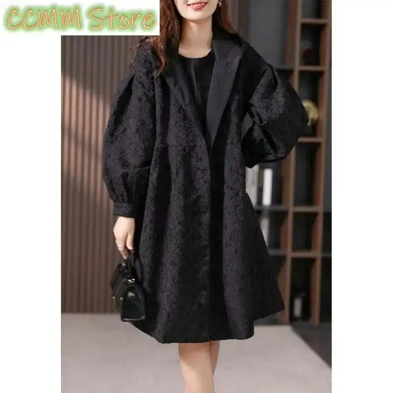 Jacquard Trench Coat Women's Long Coat Autumn Winter New Female Korean Casual Jacket Loose High-end Hooded Overcoat