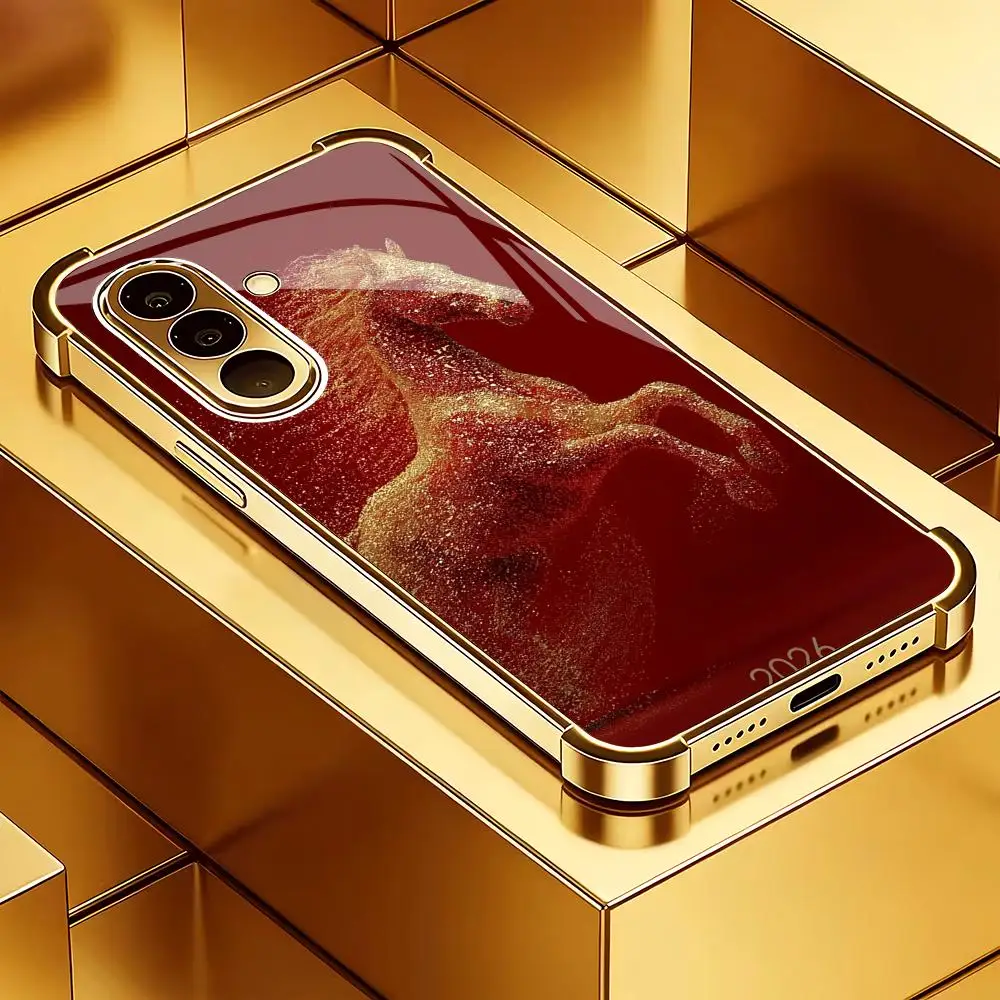 Red Horse Year Silver Plated Glass Phone Case Suitable for Samsung Galaxy S26 S25 S24 S22 S21 S20 FE/Ultra/Plus Anti Drop