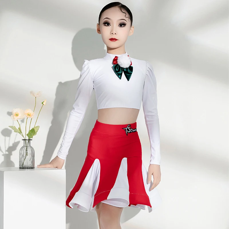 Children'S Performance Dancing Clothes Christmas Latin Dance Costumes Girls White Top Red Skirt Kids Competition Wear SL9519