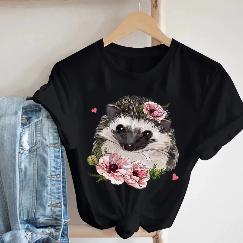 Pink Women Tshirts Casual Cute Cartoon Hedgehog Floral Graphic Print Female Tee Tops Harajuku Fashion Short Sleeve T Shirt Femme