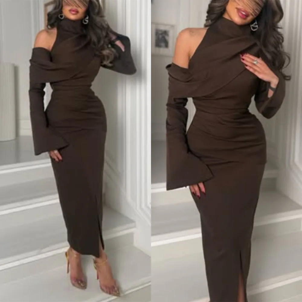 

High Quality Customized Halter Brown Ankle Length Three Quarter Straight Vestido De Formatura Longo Robes De Soirée Vert فستان