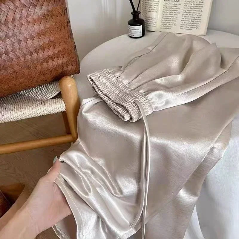 Ele Acetate Satin Wide Leg Pants Women's Summer New Elastic High Waist Texture Drape Casual Straight Long Trousers
