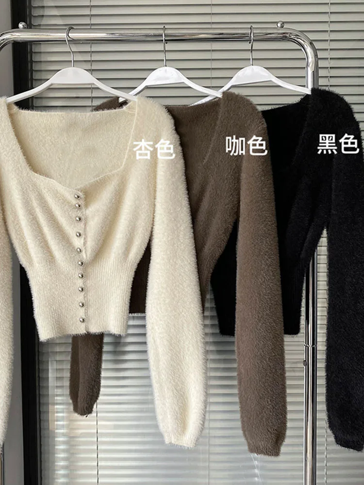 French Elegant Knitted Cardigan Gyaru Oversized Plush Sweater Square Collar Rivet Single Breasted Pullover Fashion Streetwear