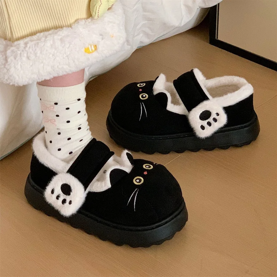 

Ins new black furry kitty slippers woman adorable animal shoes home fuzzy moccasins women's winter plush mary jane sippers shoes