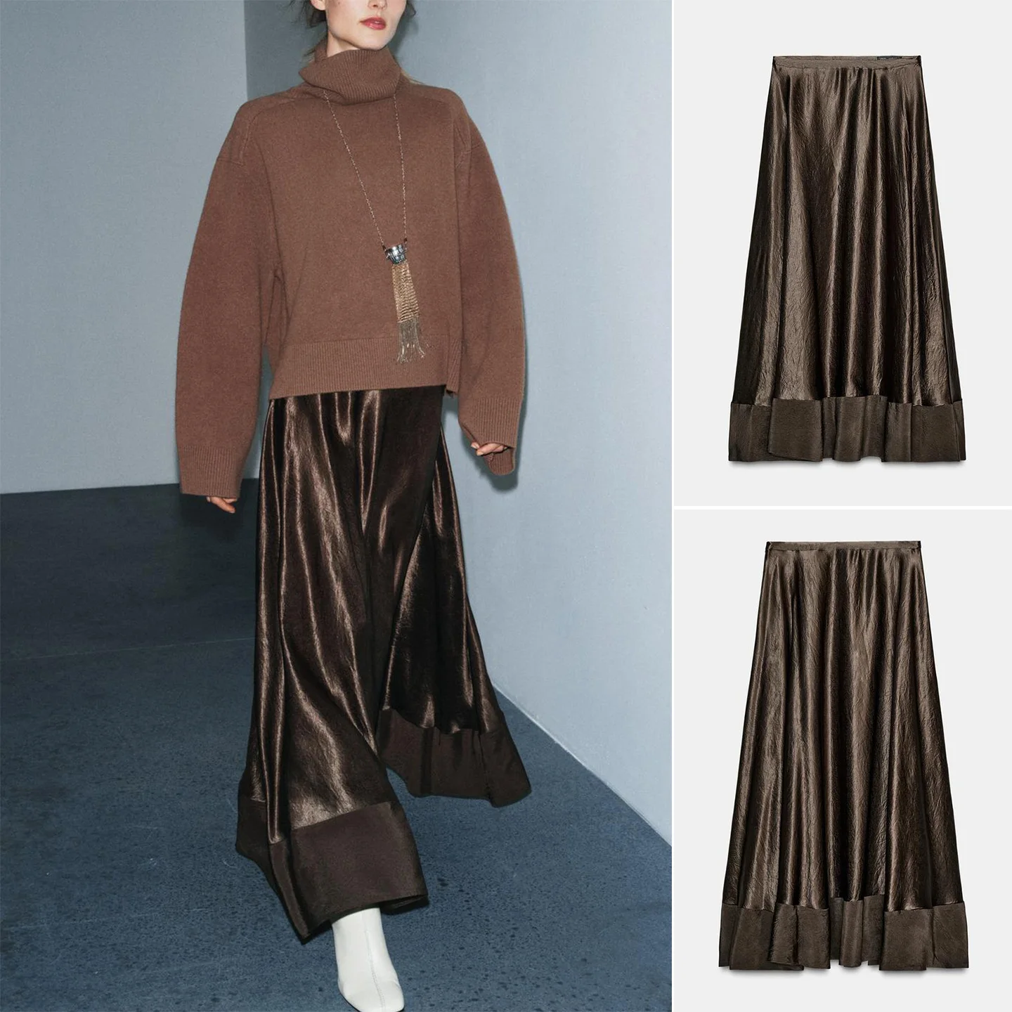 

Winter New Women's Casual Sle A-Line Midi Skirt Silk Satin Texture mid Waist Ci Commute Suitable Polyester Fiber Waed