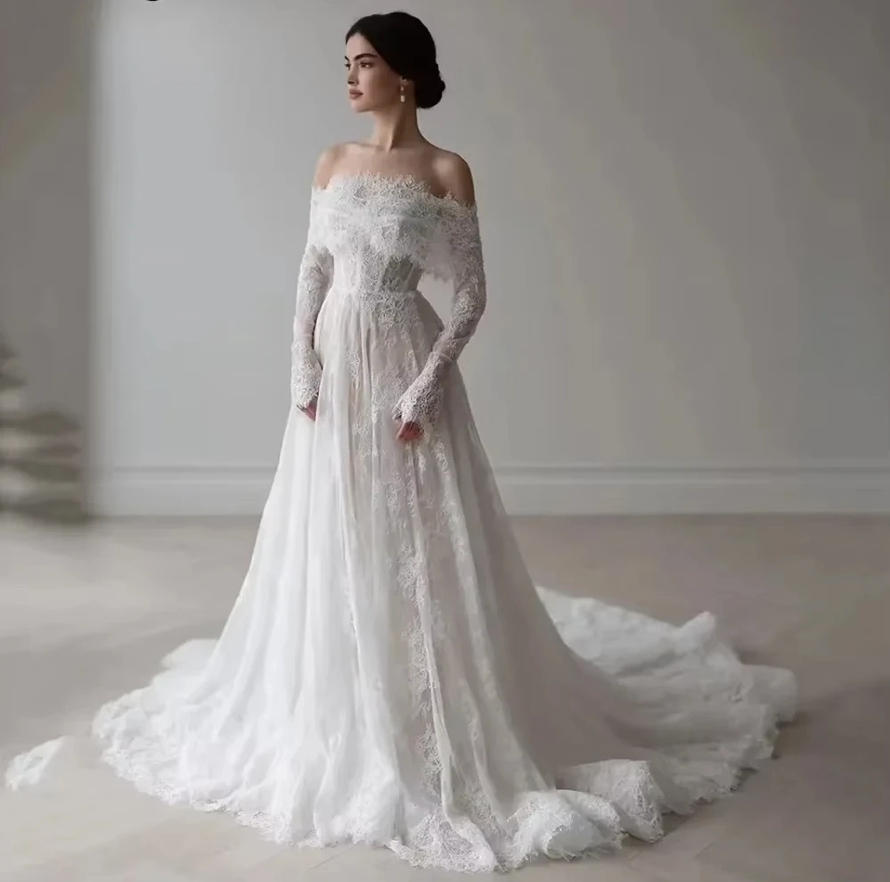 

customized Lace Full Sleeves Wedding Dress Off The Shoulder A-line Bridal Gowns 2026 robe de mariage Vestidos De Novia