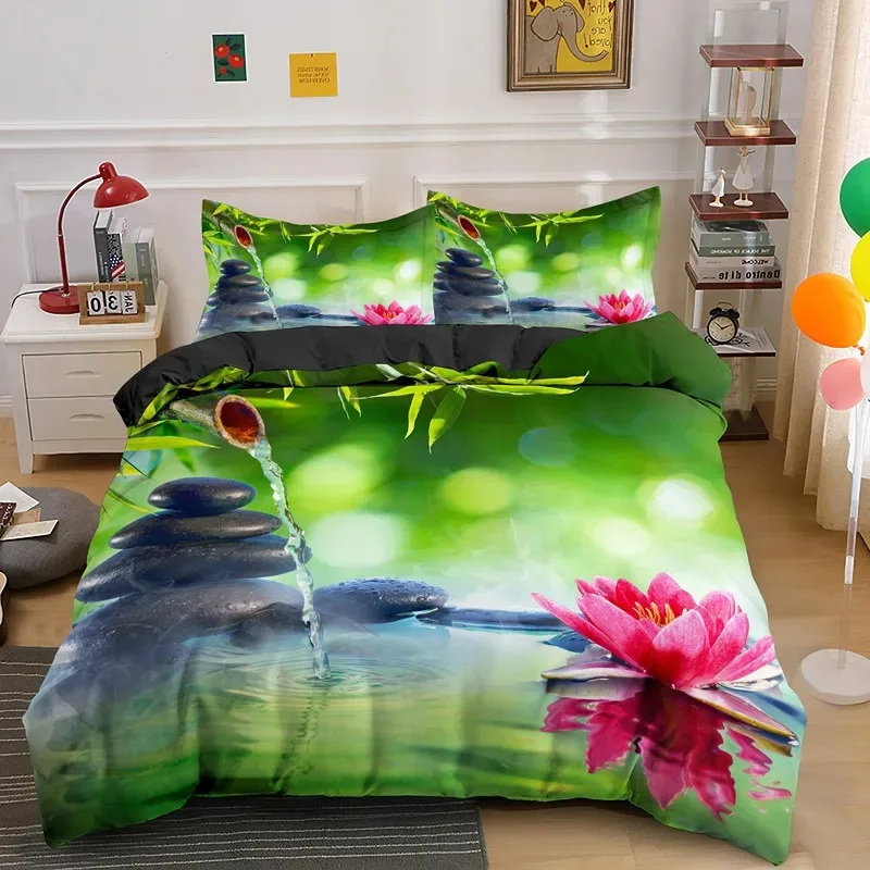 

Zen Stone Green Bamboo Duvet Cover Set Nature Water Print Bedding Set Queen King Size Comforter Covers Decorative Home Textile