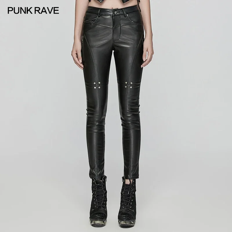 PUNK RAVE Women's Punk Twill Woven Leggings Skeletons of Patent Leather on Both Sides Handsome Personalized Trousers Streetwear