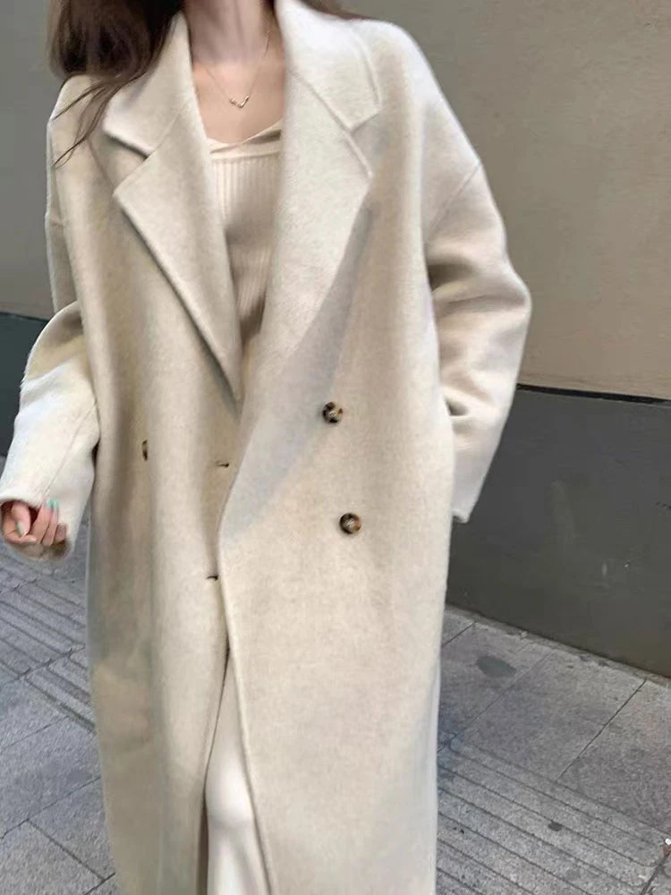 LANMREM Double Sided Wool Overcoat Knee Length Notched Collar Double Breasted Solid Color Fashion Streetwear Clothes 2DA8156