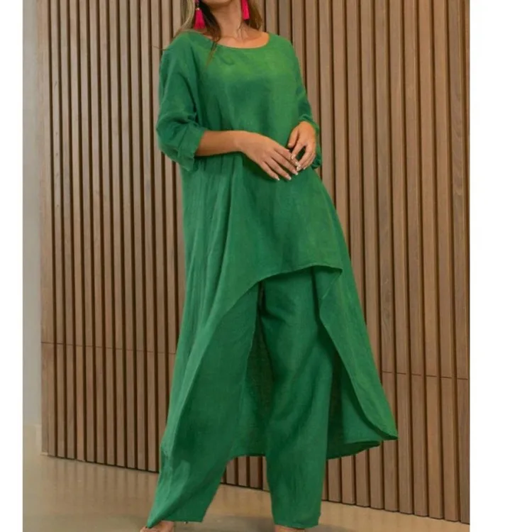 Women's Clothing, Linen And Cotton Suit, Long Sleeved Top, Oversized Pants, 2024 Informal Party Set Women's 2-piece Set