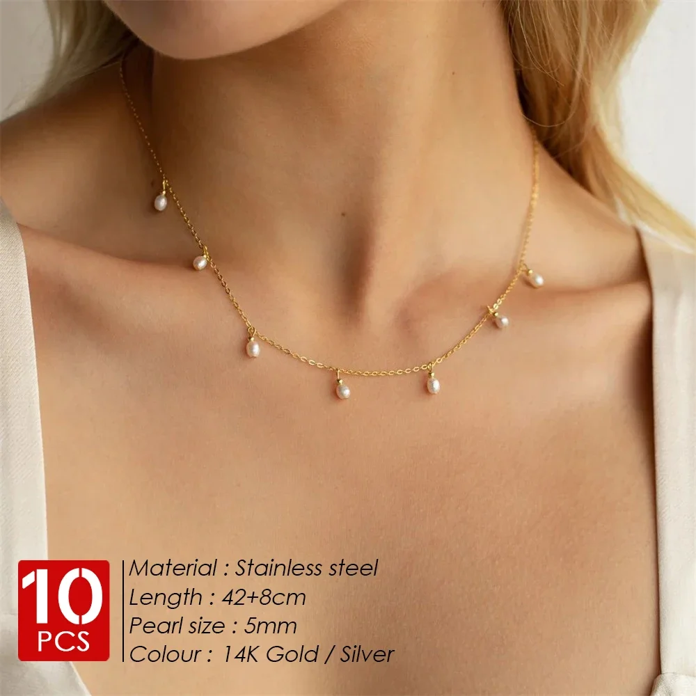 women 10PCS Stainless Steel Simulated Pearl Pendant Necklace Clasp Chain Fine Chain Handcrafted Party Gift dropshipping/Wholesa image 2