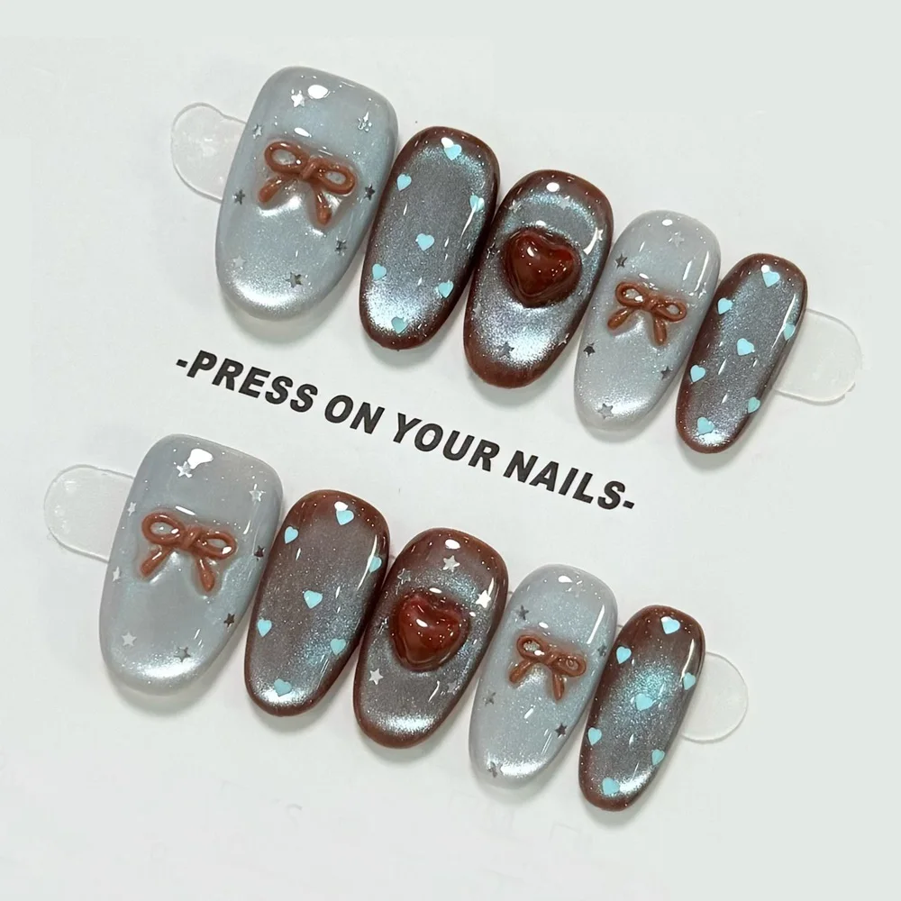 

10pcs Medium Oval Handmade Nails Autumn/Winter Blue-Brown Cat Eye Press on Nail for Women&Girl Heart Bow Removable Wearable Nail