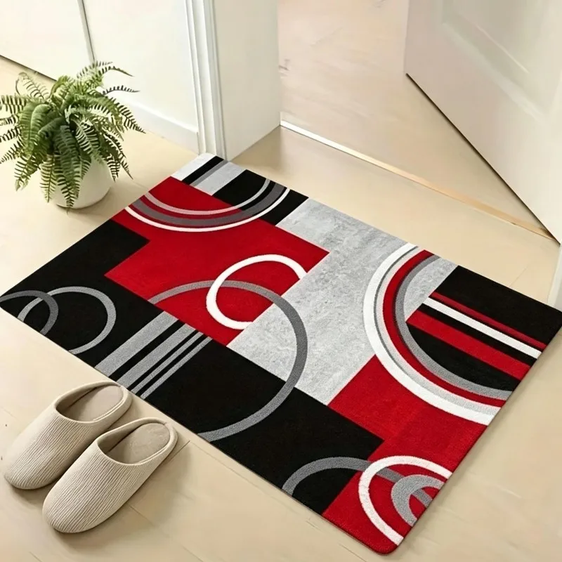 Geometric Red Black Floor Mat Gray White Circle Line Pattern Non Slip Absorbent Entrance Rug For Modern Entryway Home Decor