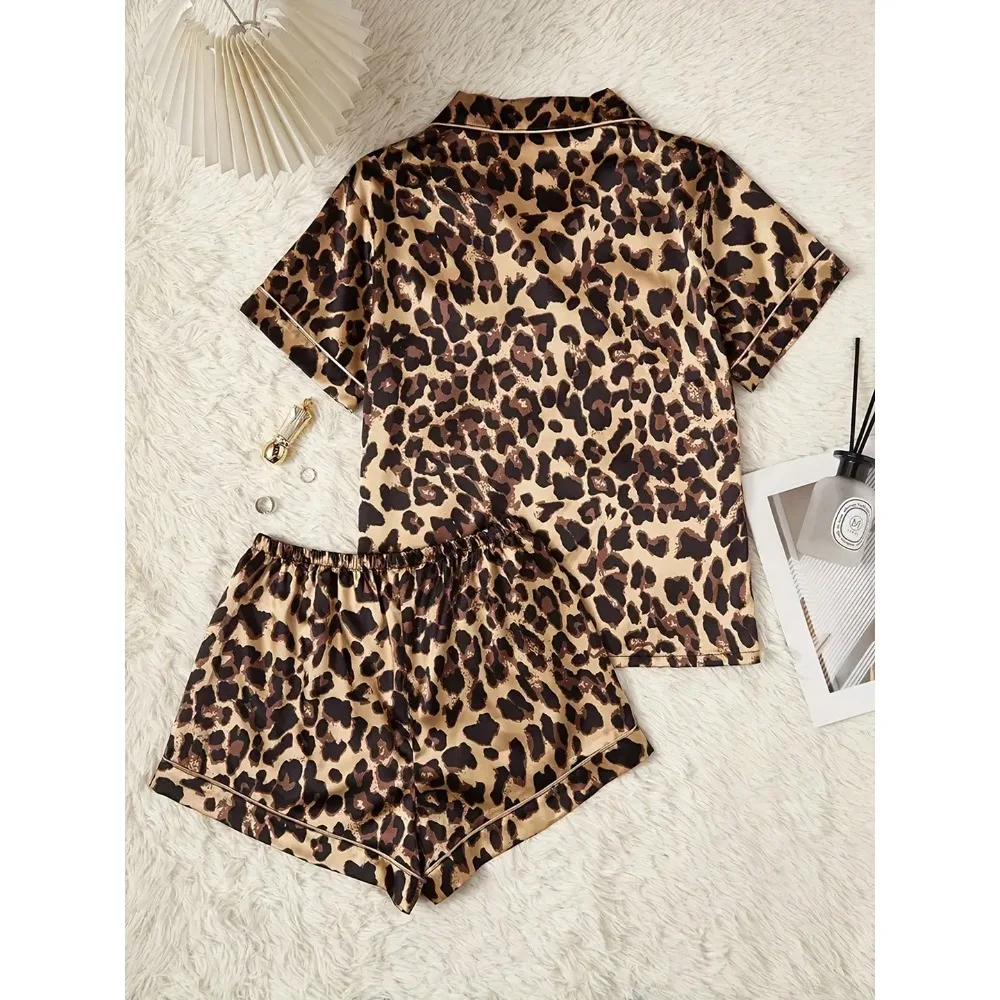 Satin Leopard-Print Short Pajama Set - Loungewear Suitable For Spring, Summer, And Autumn.