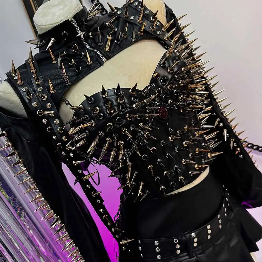 Fashion Revival Glitch Core Goth Harajuku Gothic Punk Rock Grunge Long Sleeves PU Leather Studded Y2K TOPS Chian E-Girls Emo
