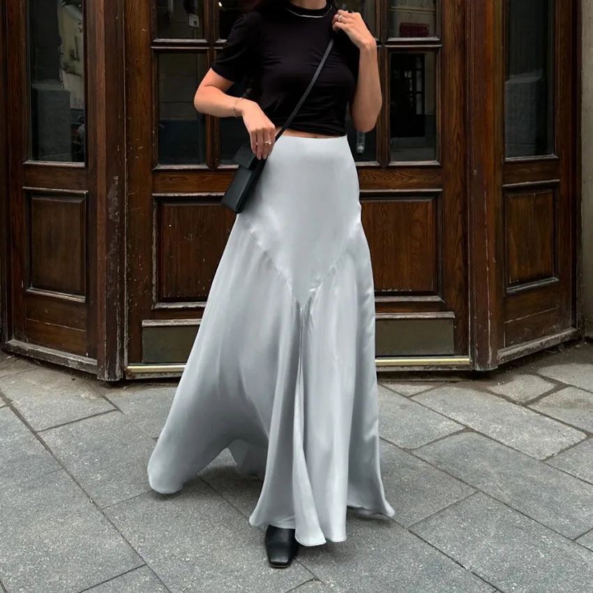 New Satin Face Ding Temperament Split Half Skirt Autumn Winter Fashion A-list Long Dress for Women