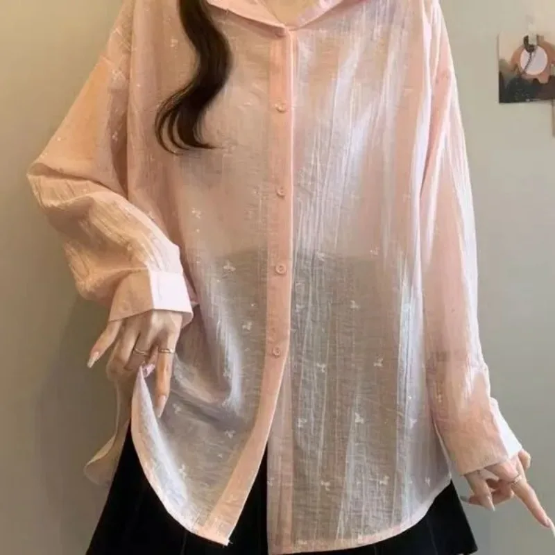 

Женская розовая полупрозрачная блузка с длинным рукавом из ледяного шелка для лета, с защитой от солнца, больших размеров, свободного кроя, с завязками сзади