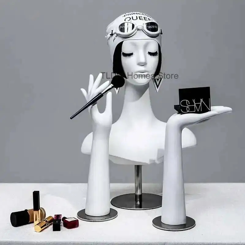 

Female Scarf with Features Head Light Ornaments Hand Stand Facial Model Luxury Art Hat Props Mannequins Display White Head Model